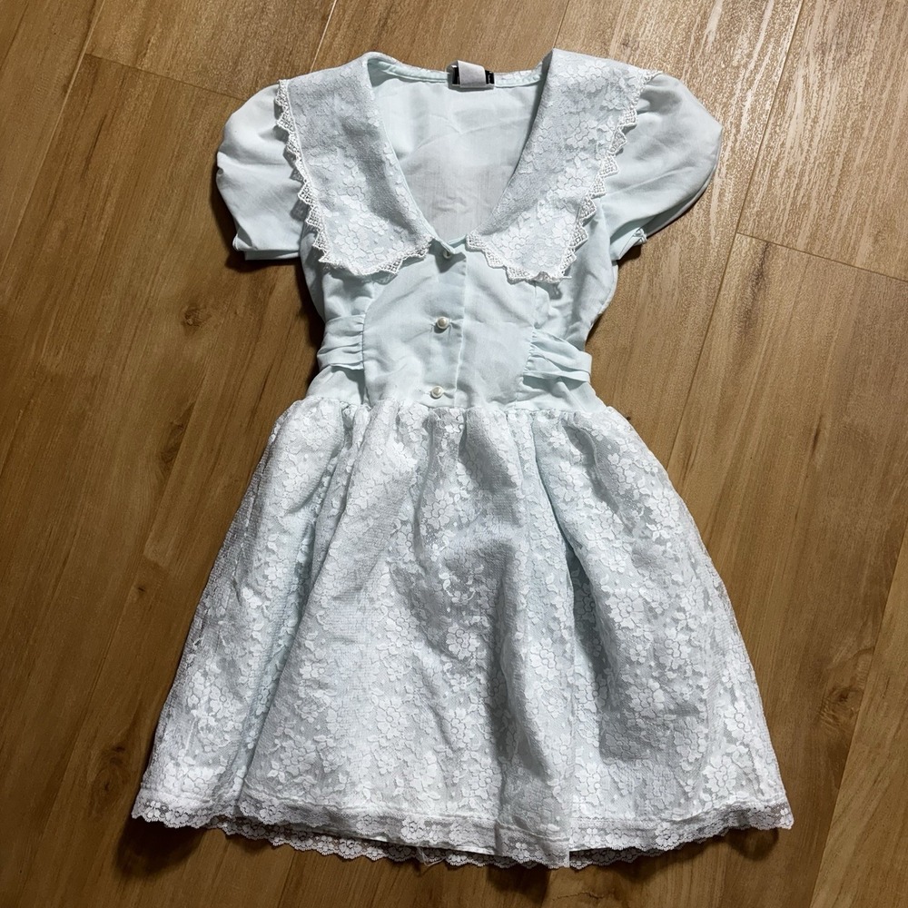 VTG Jo Lene Dress Girls Size 8 Blue White Lace Easter 90's Bow USA Puffy Sleeve
